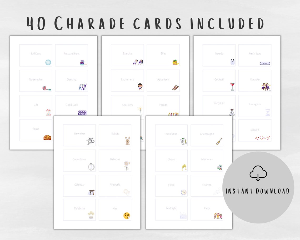 New Years Charades or Draw It Cards for Kids and Parents Printables 40 ...