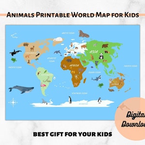 Druckbare TierWeltkarte Poster für Kinder | Kinderzimmer Karte Kinderzimmer | Kinderzimmer Dekor | Cooles Geschenk