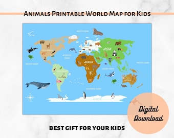 Plakat z mapą świata zwierząt do druku dla dzieci | Edukacyjna mapa zwierząt neutralna sztuka ścienna do pokoju zabaw dla dzieci | Dekoracja pokoju dziecięcego | Fajny prezent