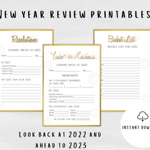 Lot d'imprimés du Nouvel An | Rétrospective de l'année, Liste de seaux 2023, Résolutions du Nouvel An Digital Printables | Cartes de réflexion Feuille de capsule temporelle