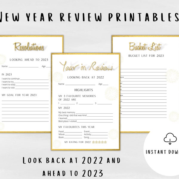 New Year Printables Bundle | Year in Review, 2023 Bucket List, New Year Resolutions Digital Printables | Reflection Cards Time Capsule Sheet