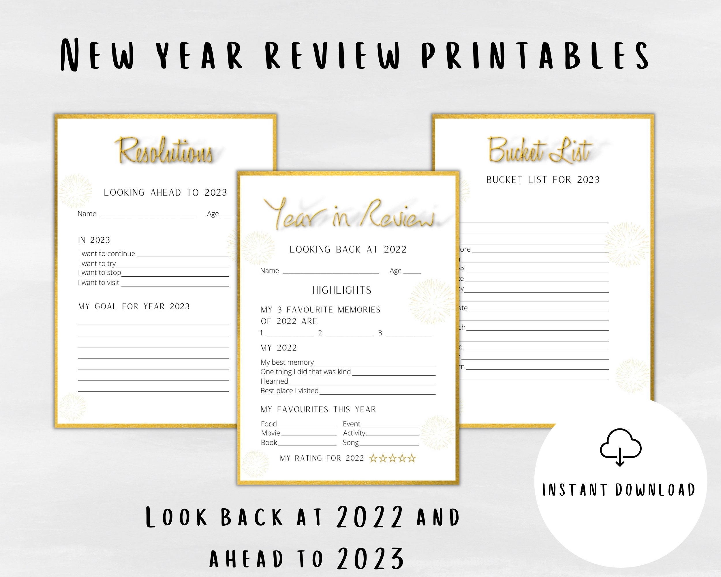 New Year Printables Bundle | Year in Review, 2023 Bucket List, New Year Resolutions Digital Printables | Reflection Cards Time Capsule Sheet