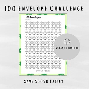Könnte beinhalten: Ein druckbarer 100-Umschlag-Challenge-Tracker mit grünem Geld-Hintergrund. Der Tracker hat 100 nummerierte Umschläge mit einer Linie, um jeden Umschlag abzuhaken, wenn er gefüllt ist. Der Text "SPAREN = 5.050 €" befindet sich am unteren Rand des Trackers. Der Text "SPAREN SIE 5.050 € EINFACH" befindet sich unter dem Tracker.