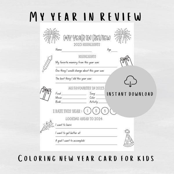 Printable New Year Eve Questionnaire for Kids | Coloring Sheet New Year in Review 2023 Resolution Card for Children | New Years Eve Game 22