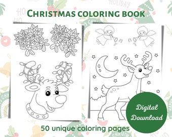 Kolorowanki dla dzieci na Boże Narodzenie, zimowe kolorowanki - 50 unikalnych wydruków | Natychmiastowe pobieranie | Święty Mikołaj, choinka, renifery, prezenty