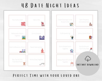 48 kart na randkę dla par jako idealne pomysły na randkę | Tygodniowe karty do słoika na randkę | Roczne karty pomysłów na randkę do wydrukowania | Zabawna randka