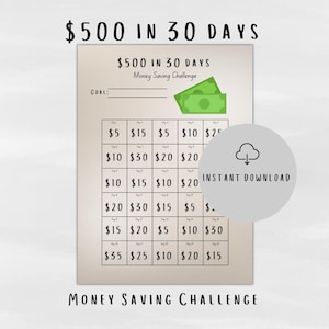 Könnte beinhalten: Ein druckbarer Geldspar-Challenge-Chart mit dem Ziel, in 30 Tagen 500 € zu sparen. Der Chart hat ein Raster mit 30 Quadraten, jedes mit einem anderen Geldbetrag, der jeden Tag gespart werden soll. Der Chart soll Menschen helfen, Geld zu sparen und ihre finanziellen Ziele zu erreichen.