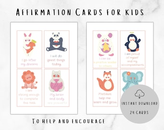 Wydrukowane karty afirmacji dla dzieci | 24 motywujące, urocze karty | Codzienna afirmacja | Karty afirmacji pozytywności dla dzieci | Manifestacja