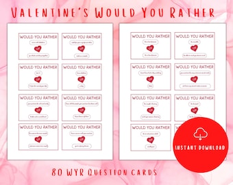 80 Czy wolałbyś? Wydrukowane karty z pytaniami dla par Walentynki Randka | Romantyczna gra dla par | Wydrukowana gra dla par