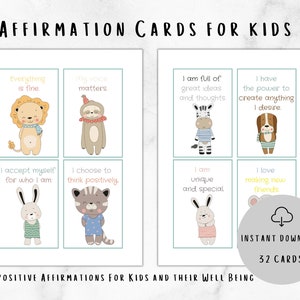 Ausdruckbare Affirmationskarten für Kinder | 32 Süße Grußkarten | Tägliche Affirmation | Kinder Affirmation Positivitätskarten | Süße Tiere Bild