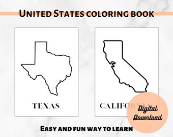 Kolorowanka Stany USA dla dzieci Edukacja, 52 cyfrowe strony do kolorowania do druku dla dzieci Geografia Nauka o Stanach USA | Zabawa Nauka