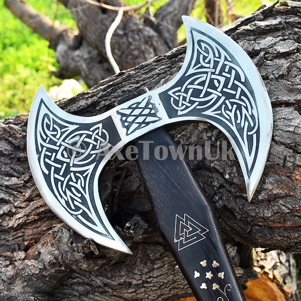 DOUBLE HEADED AXE, Battle Axe, Viking Axe, Viking Axe, Damascus Steel Hand Forged 2 Sided Headed Axe With Leather Sheath, Gift For Him