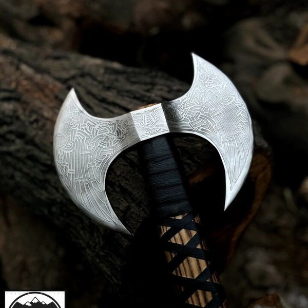 DOUBLE HEADED AXE, Hand Forged Double Headed Axe, 2 Sided Axe, Damascus Carbon Steel Double Headed Axe With Leather Sheath ,Anniversary Gift