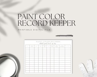 May include: A printable digital file titled "PAINT COLOR RECORD KEEPER." The design features a detailed paint touch-up box and a pen. The text is in a stylish font, and the overall aesthetic is clean and modern, suitable for home organization.