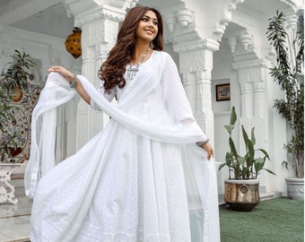 White chikankari anarkali best sale suits