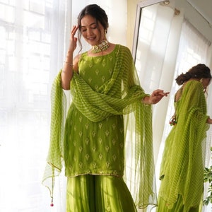 GREEN RAYON SHARARA SET A Perfect Mehndi Outfit For The Upcoming Wedding  Season at Rs 1050 | New Delhi | ID: 2850317690562