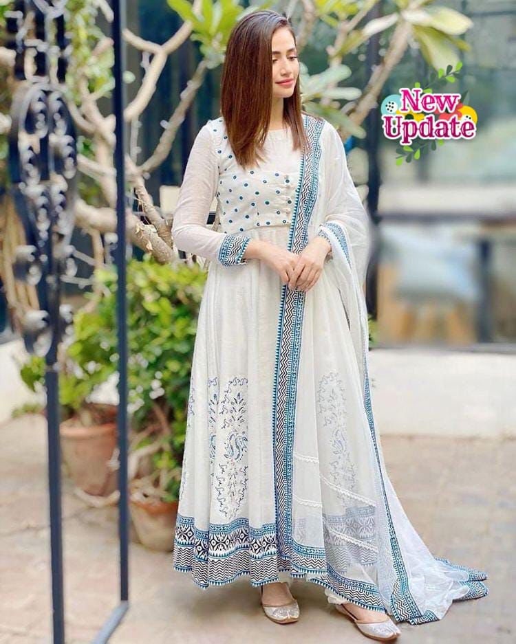 White Cotton Anarkali Suit With and Dupatta Full Flared