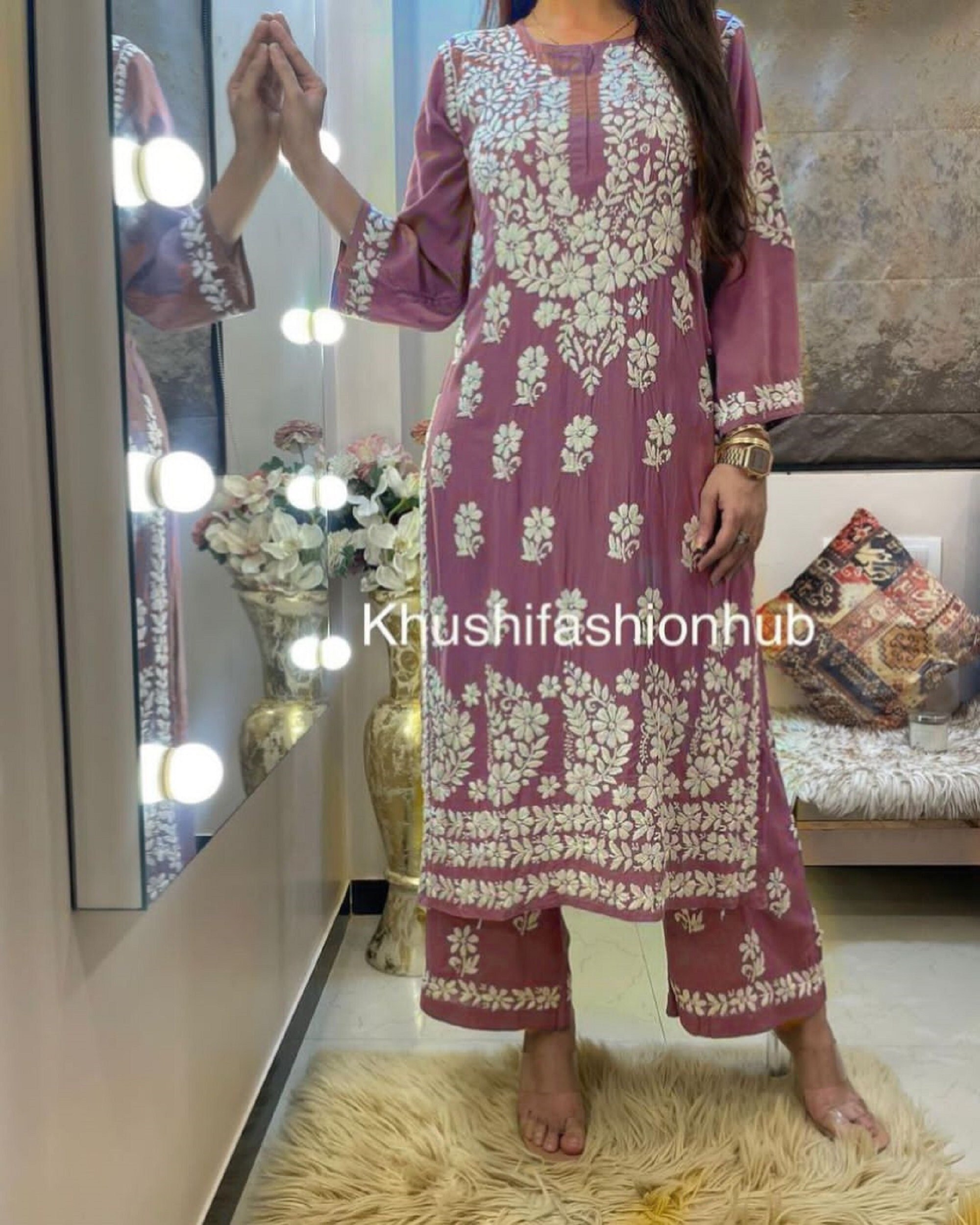 Light pink Vegetable print Aline kurta with pant set of 2-01514)