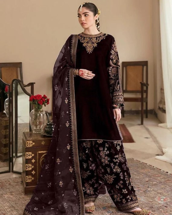 Premium Brown Designer Velvet Suit Zari Embroidered beautiful