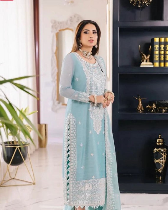 Blue Color faux Georgette With Mirror Work Patiyala Salwar Suit – Joshindia