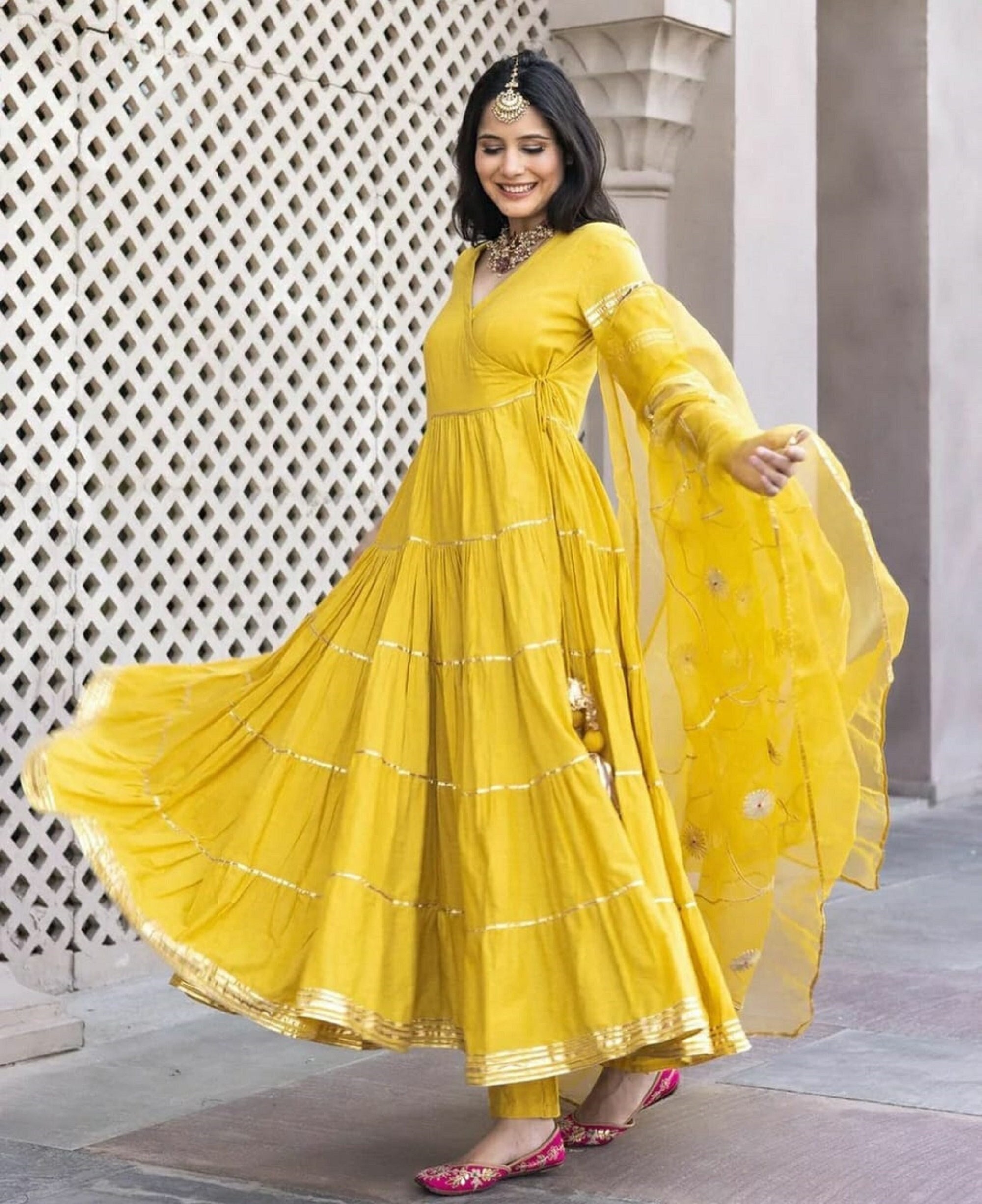 Yellow Chikankari Work Georgette Partywear Anarkali Suit