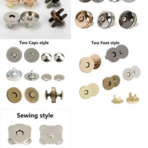 May include: Assortment of magnetic snap closures in various styles, including eyelet, two caps, two foot, and sewing styles. The snaps are available in silver, gold, and bronze finishes.