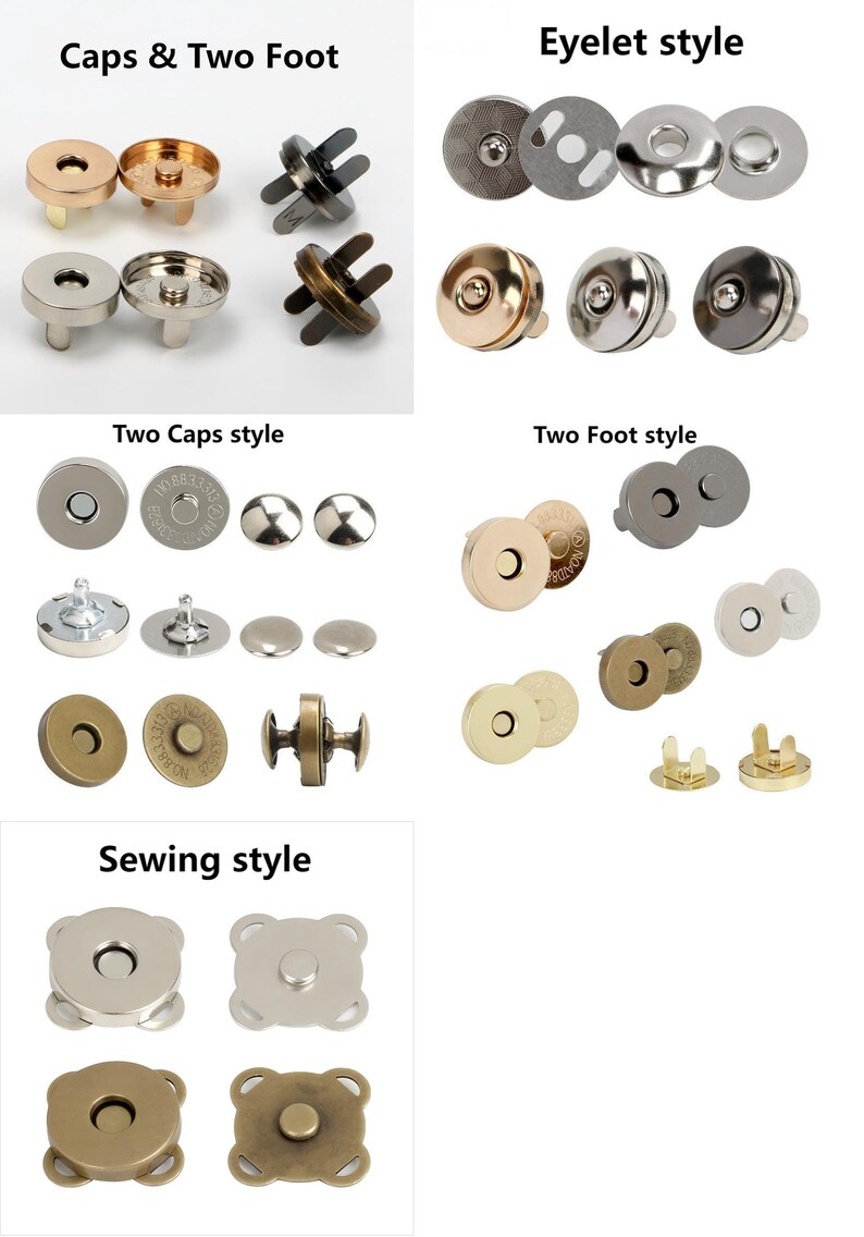 May include: Assortment of magnetic snap closures in various styles, including eyelet, two caps, two foot, and sewing styles. The snaps are available in silver, gold, and bronze finishes.