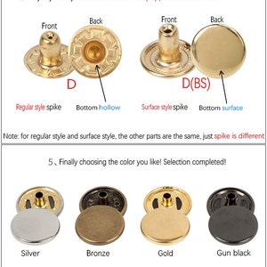 10 boutons-pression plats en métal, boutons-pression argentés/bronze/or/cuivre pour jean/veste/manteau/cuir/portefeuille/bricolage image 6