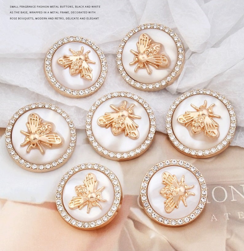 Metal Bee Rhinestone Buttons-6Pcs Pearl Shank Button for Sewing-Blazer/Jacket/Coat/Cardigan image 4