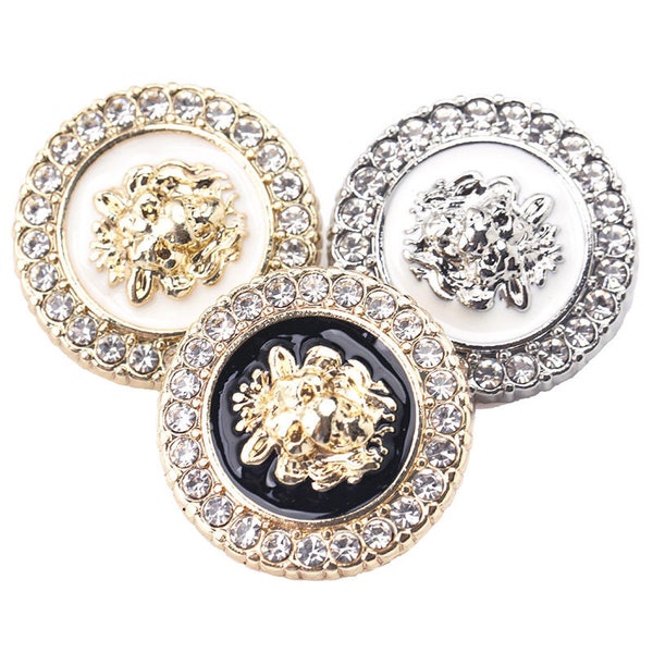 Boutons en métal avec strass Lion - 6 pièces Bouton noir argenté blanc pour couture-Blazer/Veste/Manteau/Pull