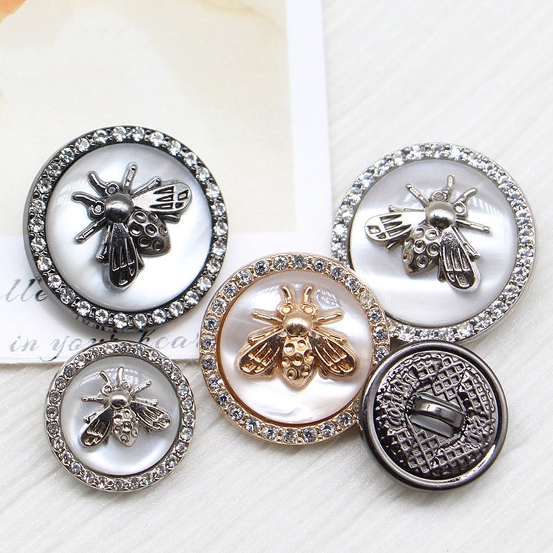 Metal Rhinestone Buttons-6Pcs Bee White/Silver/Gun Button for Sewing-Blazer/Jacket/Coat/Sweater image 2