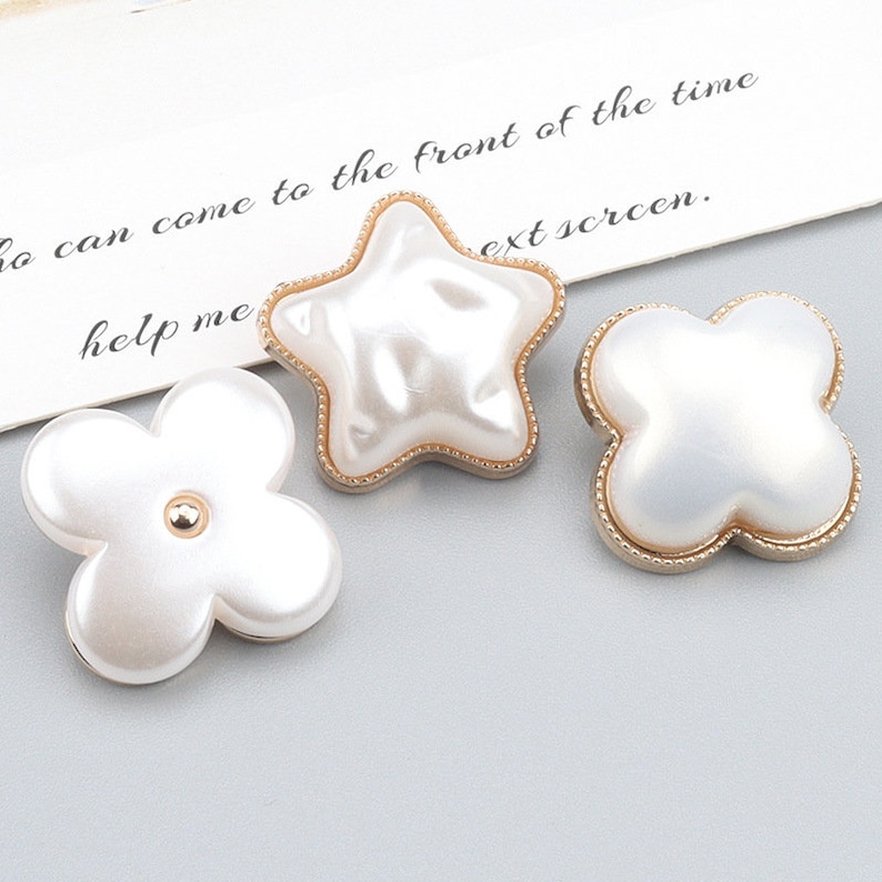 Metal White Satin Pearl Buttons-6Pcs Clover Star Pentagrams Button for Sewing-Blazer/Jacket/Coat/Sweater/Cardigan image 1