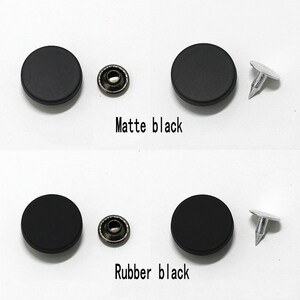 May include: Two sets of black buttons with metal posts and caps. The top set is labeled "Matte black" and the bottom set is labeled "Rubber black".