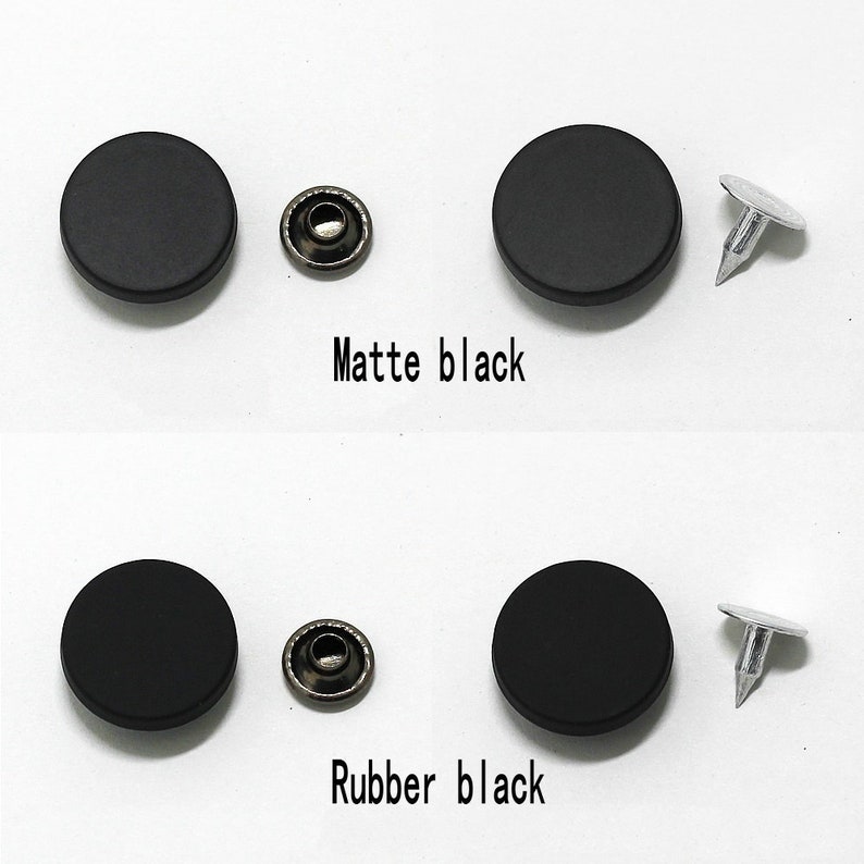 May include: Two sets of black buttons with metal posts and caps. The top set is labeled "Matte black" and the bottom set is labeled "Rubber black".