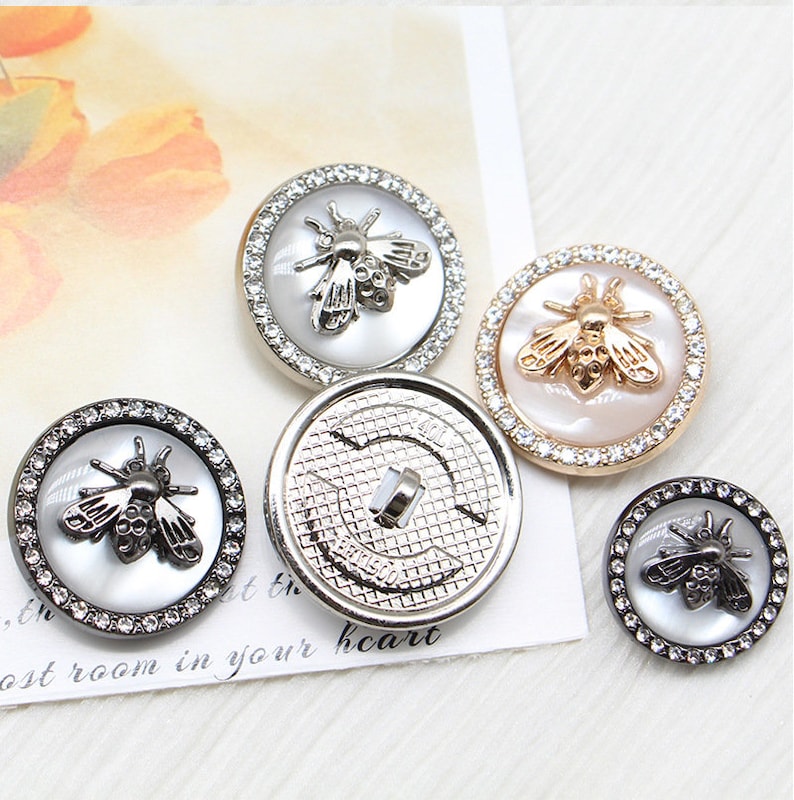 Metal Rhinestone Buttons-6Pcs Bee White/Silver/Gun Button for Sewing-Blazer/Jacket/Coat/Sweater image 3