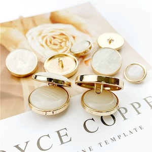 Gold White Pearl Metal Buttons-6Pcs Flat Arc Round Shank Button for Sewing-Blazer/Jacket/Coat/Sweater/Cardigan image 3
