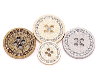Metal Rhinestone Buttons-6Pcs Gold/Antique Gold/Silver Pattern Hole Button for Sewing-Suit/Blazer/Jacket/Coat/Sweater