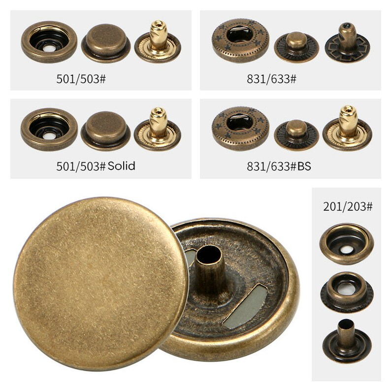 10 boutons-pression plats en métal, boutons-pression argentés/bronze/or/cuivre pour jean/veste/manteau/cuir/portefeuille/bricolage image 8