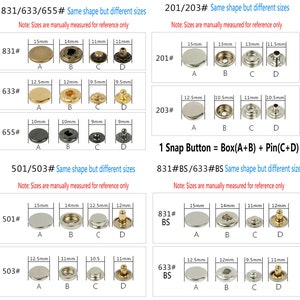 10 boutons-pression plats en métal, boutons-pression argentés/bronze/or/cuivre pour jean/veste/manteau/cuir/portefeuille/bricolage image 3