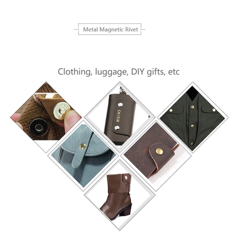 May include: Metal magnetic rivets in various sizes and finishes. The rivets are shown attached to different items, including a leather wallet, a boot, a jacket, and a key chain. The text "DUER" is visible on the key chain.