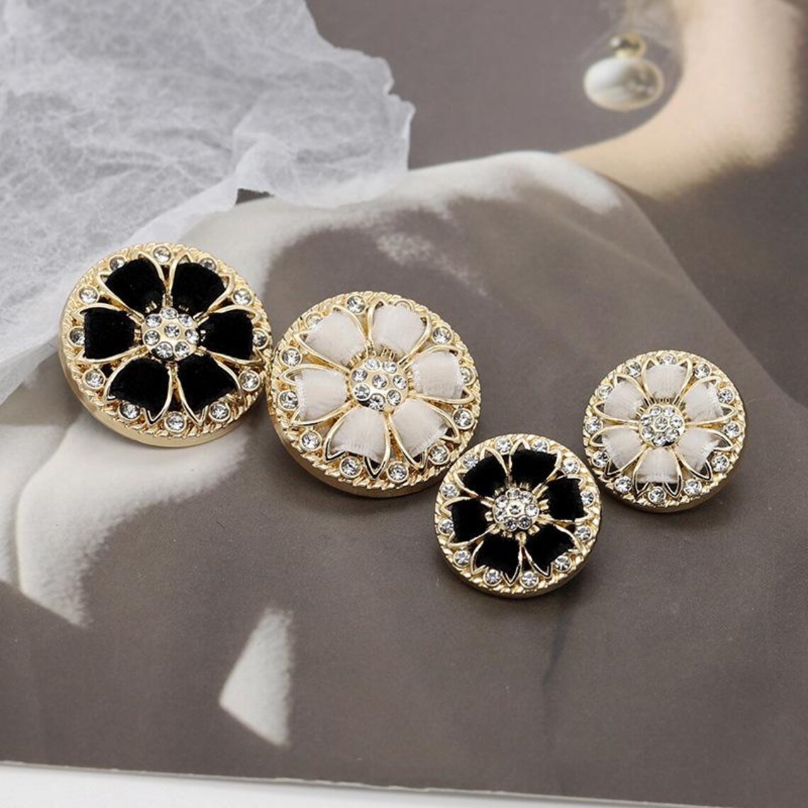 Metal Floral Buttons-6pcs Rhinestones Gold White Black for Blazer ...