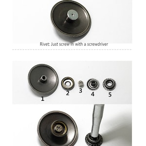 Peut inclure: Instructions pour l'installation d'un bouton pression et d'un rivet. L'image montre un gros plan du bouton pression et du rivet, ainsi que les outils n&eacute;cessaires &agrave; l'installation. Le texte de l'image indique : "Installation manuelle : Rivet : Vissez simplement avec un tournevis. Bouton pression : vissez 1, 2 et 3 avec un tournevis, installez 4 et 5 &agrave; l'aide de l'outil 201 #."