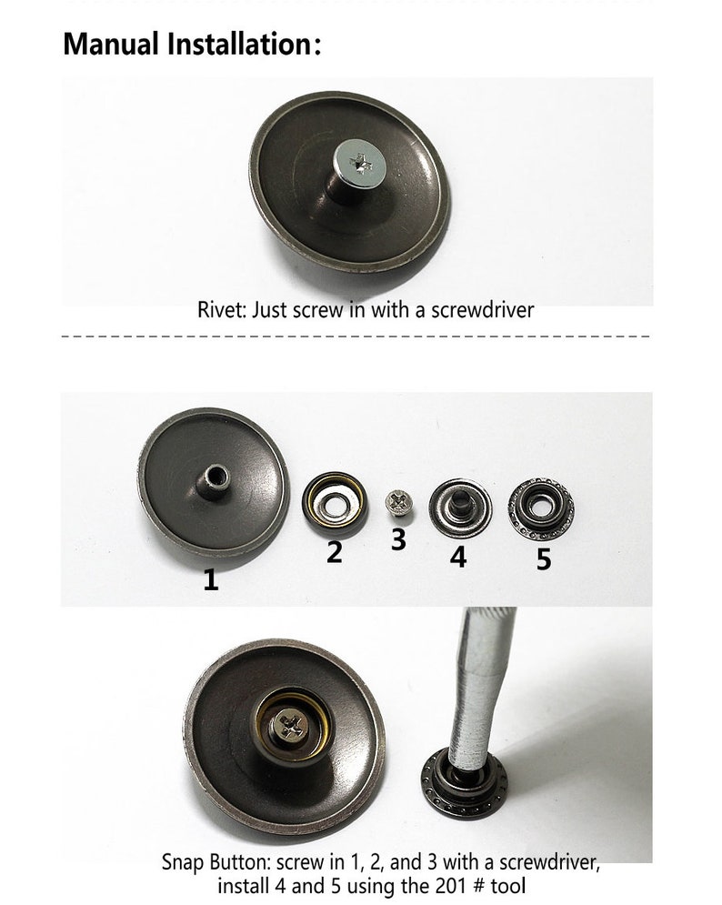 Peut inclure: Instructions pour l'installation d'un bouton pression et d'un rivet. L'image montre un gros plan du bouton pression et du rivet, ainsi que les outils n&eacute;cessaires &agrave; l'installation. Le texte de l'image indique : "Installation manuelle : Rivet : Vissez simplement avec un tournevis. Bouton pression : vissez 1, 2 et 3 avec un tournevis, installez 4 et 5 &agrave; l'aide de l'outil 201 #."