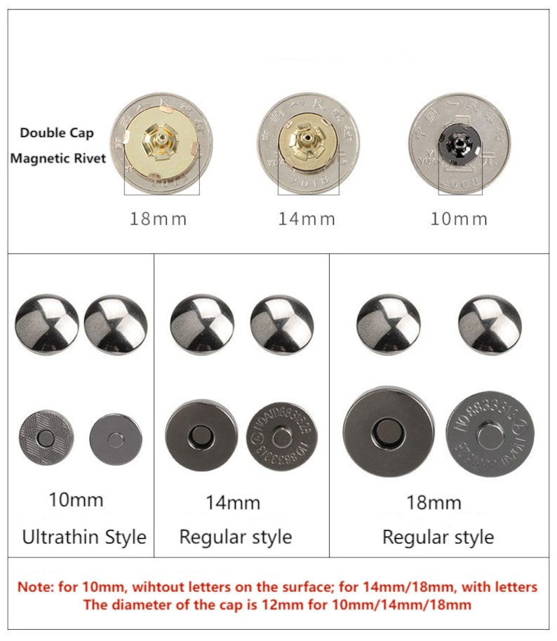 May include: A set of magnetic rivets in three sizes: 10mm, 14mm, and 18mm. The rivets have a silver finish and are shown in both ultrathin and regular styles. The 10mm rivets are without letters on the surface, while the 14mm and 18mm rivets have letters on the surface. The diameter of the cap is 12mm for all sizes.
