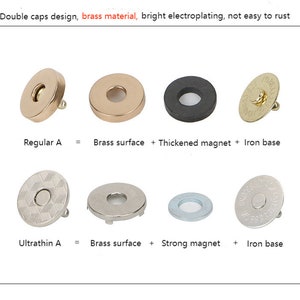 May include: Two sets of magnetic snaps, one labelled "Regular A" and the other "Ultrathin A". Each set includes a brass surface, a magnet, and an iron base. The snaps are designed for use in clothing and other fabric projects.