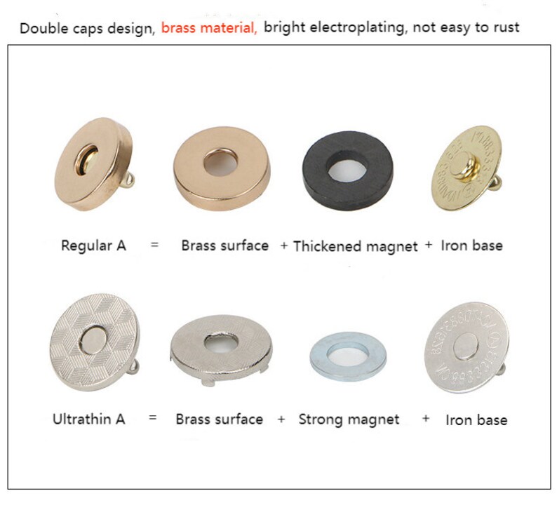 May include: Two sets of magnetic snaps, one labelled "Regular A" and the other "Ultrathin A". Each set includes a brass surface, a magnet, and an iron base. The snaps are designed for use in clothing and other fabric projects.