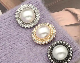 Botones metálicos con perlas y diamantes de imitación: Adornos para costura (6 unidades)