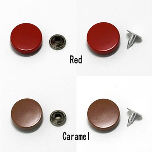 May include: Two sets of metal snaps, one set in red and one set in caramel. Each set includes two round metal snaps and a metal rivet.