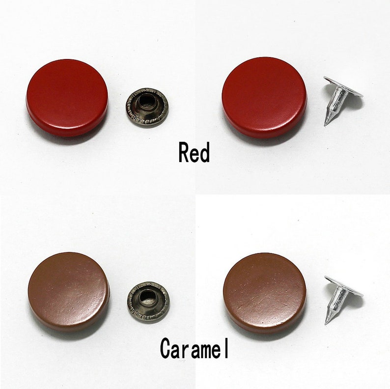 May include: Two sets of metal snaps, one set in red and one set in caramel. Each set includes two round metal snaps and a metal rivet.