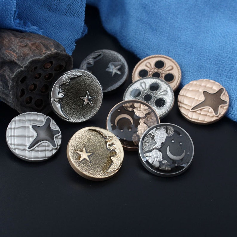 Metal Star Moon Buttons-6Pcs Silver/Gun/Gold Black Button for Sewing-Shirt/Suit/Blazer/Jacket/Coat/Sweater/Cardigan image 1